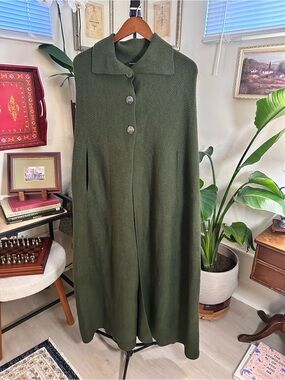 Reserved Green Knit Longline Cape Coat Dark Forest Green